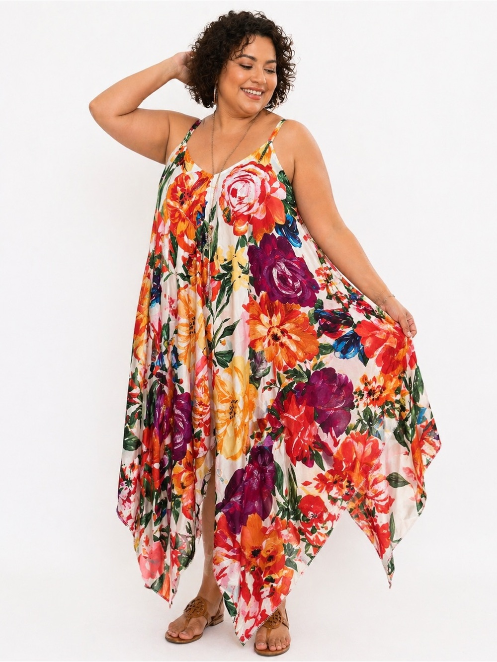 Mlle Gabrielle Floral Handkerchief Hem Maxi Dress 1X White Orange Purple Boho